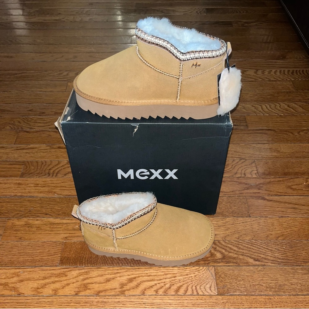 Mexx Pleuntje Olympia Suede Shearling Booties Cognac Tan Women’s Size 8